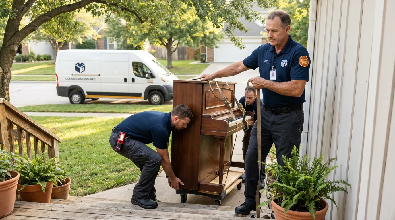 Licensed piano movers securing grand piano in Murphysboro, IL
